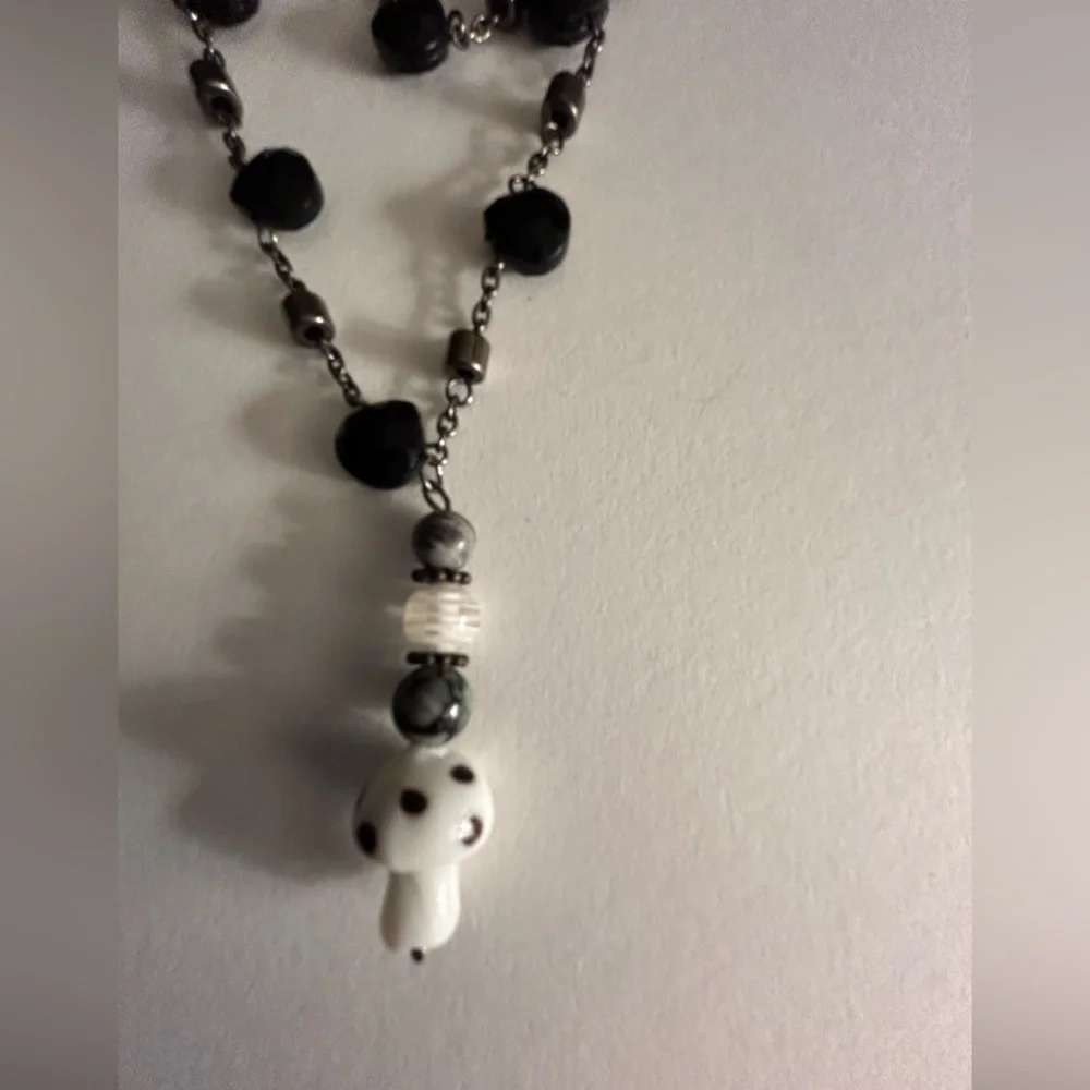 Necklace glass & Agate stone mushroom pendant on 3-strand black faceted beads